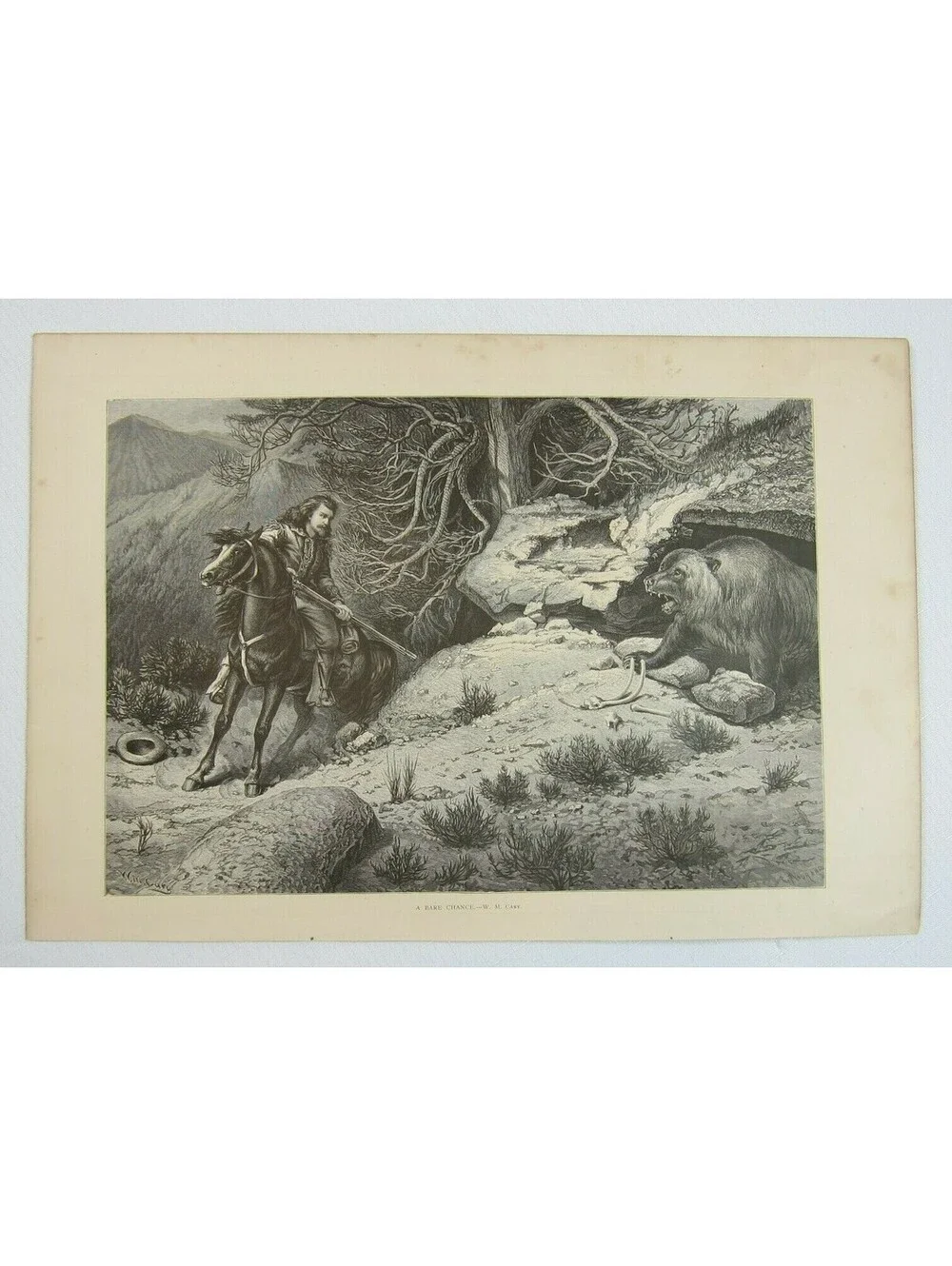 Antique 1874 Engraving Print A Bare Chance by W.M. Cary Aldine Western & Indian